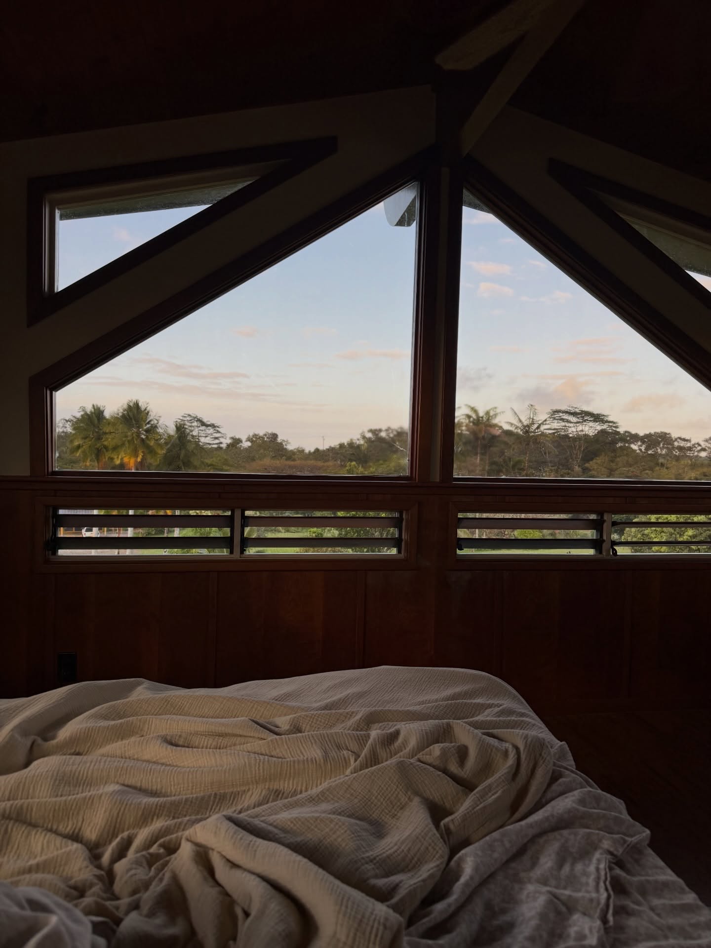 Triangular windows at dusk above a bed in Moon House