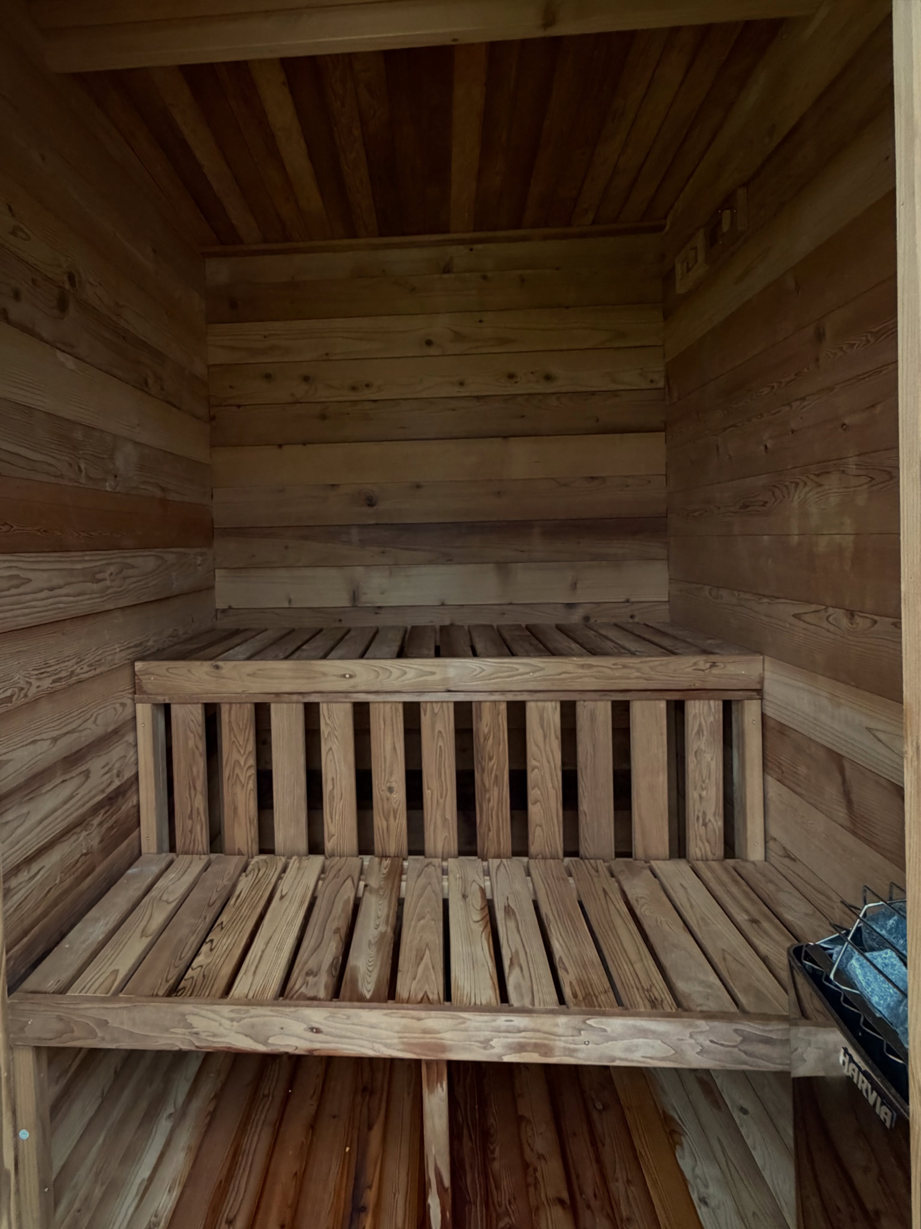 Interior benches of the cedar sauna